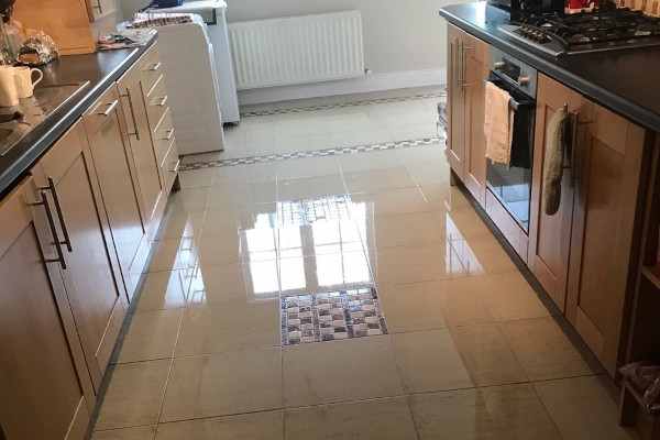 shiny tiled floor in a kitchen